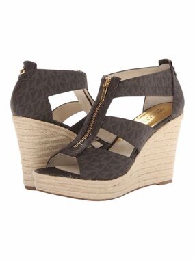 Michael Kors Brown Logo Espadrille Wedge Sandals with Front Zip Size 7 1/2